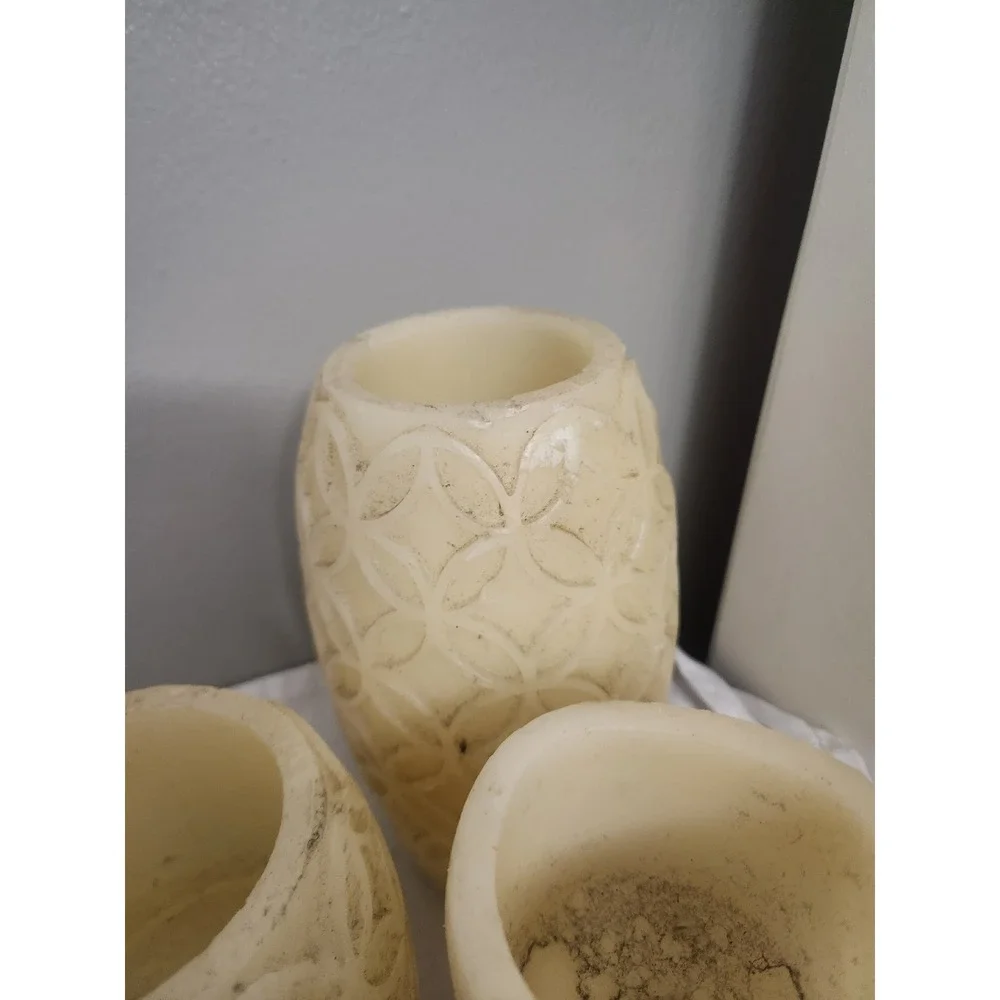 Set of 4 Flameless LED Pillar Candles Carved Wax Lattice Cream Untested